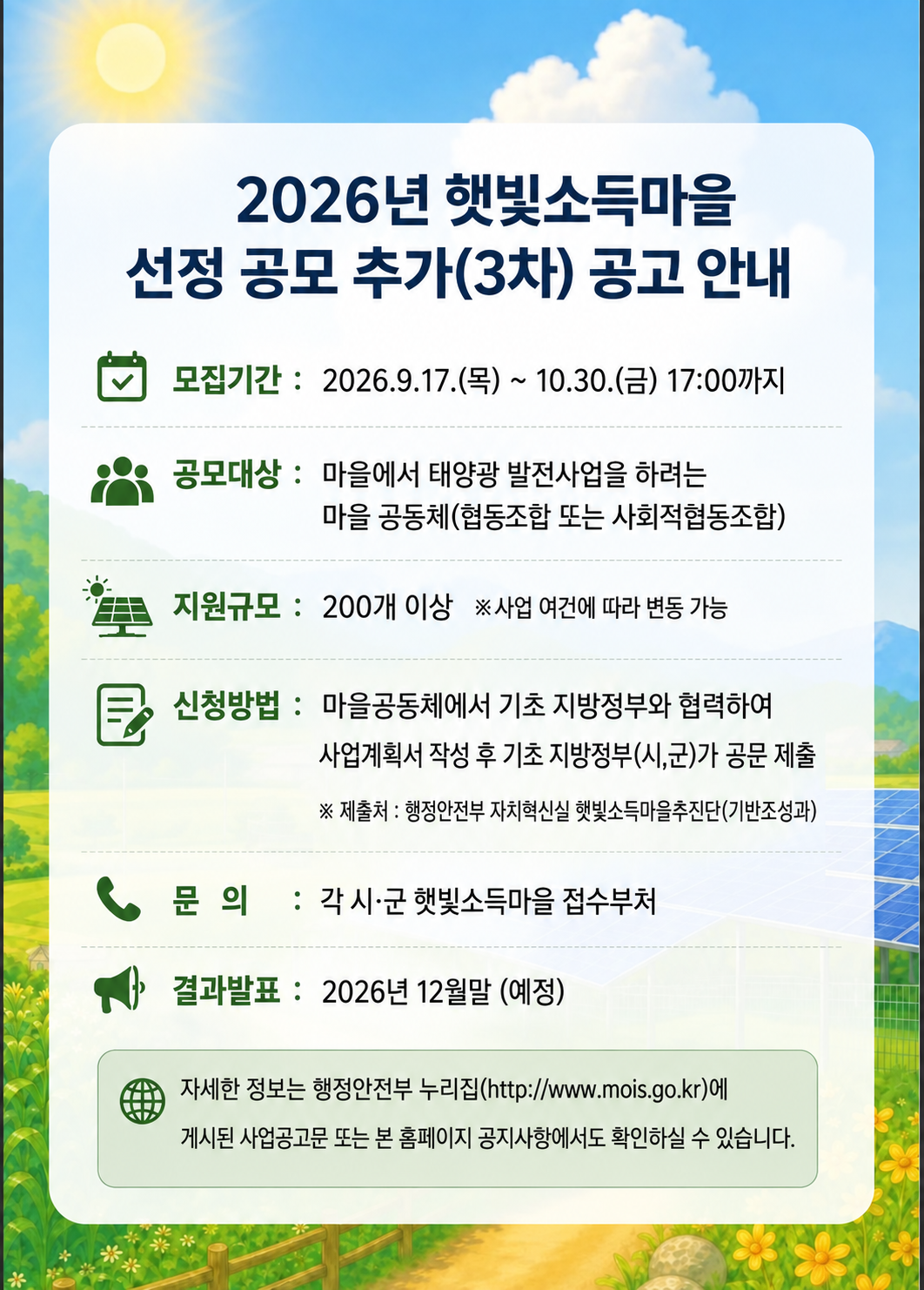 2026년 햇빛소득마을 선정 공모 추가(3차) 공고 안내